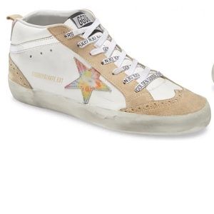 Golden Goose White and Tan Suede Sneaker with Multicolor Star